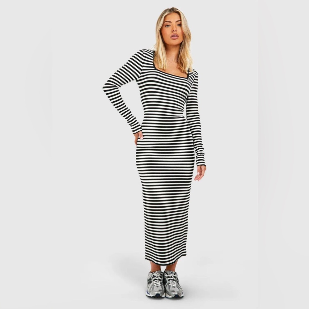 Club Monaco Black and White Striped Long Sleeve Dress